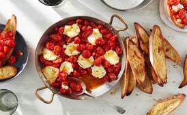 Baked Tomatoes, Peppers, and Goat Cheese with Crisped Toasts