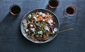 Farro Salad with Roasted Sweet Potatoes, Red Onion, and Goat Cheese