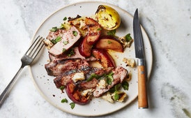 Grilled Pork Chops with Plums, Halloumi, and Lemon