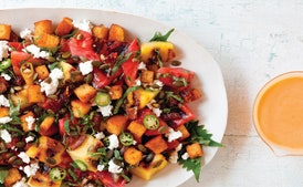 Grilled Watermelon Salad With Lime Mango Dressing and Cornbread Croutons