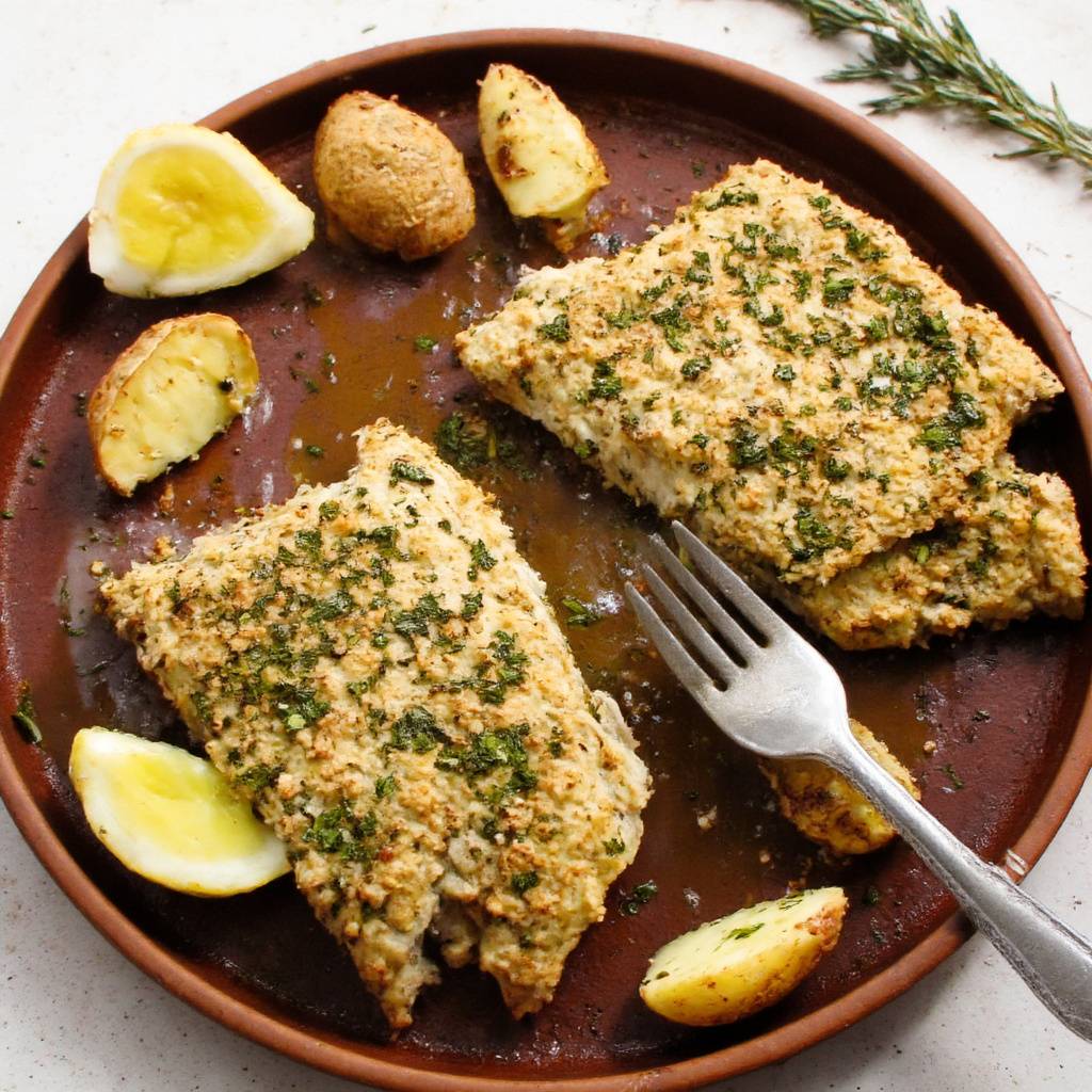 Pesto-Crusted Cod with Garlic Roast Potatoes